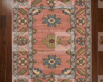 Alfombra rosa Oushak, azul claro, geométrica, de lana, estilo bohemio clásico, decoración rústica tejida.