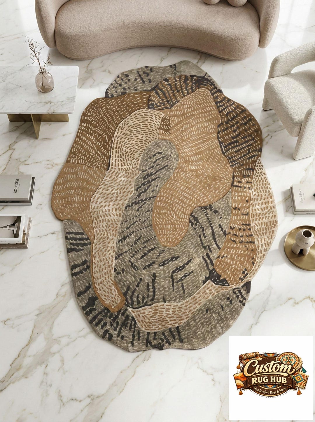 Textile Rug Earthy Organic Hand Tufted Rug, Earthy Brown Abstract Boho Carpet, Textured ...