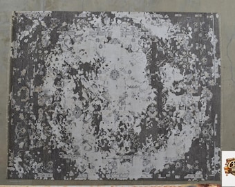 Alfombra Oushak abstracta moderna: lana anudada a mano, estilo vintage, alfombra de área gris beige.