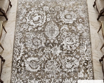 Alfombra de lana marrón hecha a mano, estilo turco oriental, a medida, estilo rústico, decoración neutra.