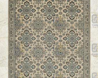 Alfombra de lana Oushak anudada a mano, color beige con estampado floral azul.