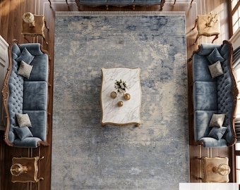 Alfombra azul desteñida, tamaño personalizado, hecha a mano, estilo bohemio, ecléctico, rústico, para interiores.