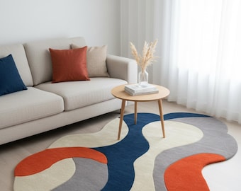 Alfombra moderna multicolor hecha a mano con forma irregular y diseño tupido para sala de estar, alfombra única con diseño ondulado.