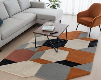 Hand-Tufted Geometric Rug, Burnt Orange, Gray & Cream