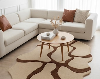 Alfombra tejida a mano en mezcla de lana con estampado abstracto de la naturaleza - Alfombra llamativa marrón y beige