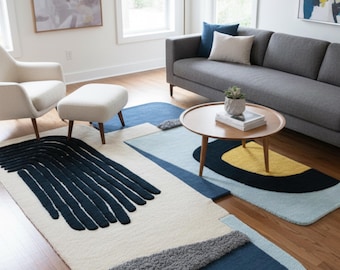 Alfombra geométrica abstracta de lana hecha a mano, alfombra moderna irregular, decoración para sala de estar en tonos beige y azul.
