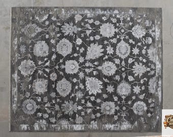 Alfombra de lana color carbón hecha a mano, rectangular, de pelo corto, descolorida, tamaño personalizado.