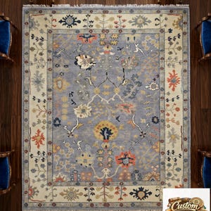 Blue oushak rug large oriental design bordered home interior decor