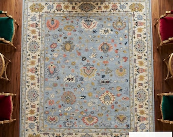 Alfombra Oushak azul de estilo vintage, tamaño personalizado, para cubrir el suelo del dormitorio.