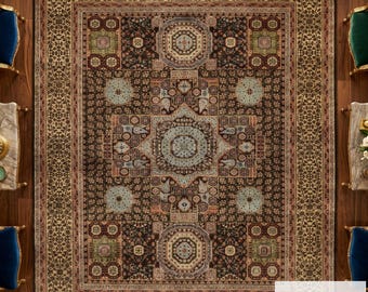 Alfombra de estilo persa grande de lana marrón, estilo vintage bohemio ecléctico para el hogar.