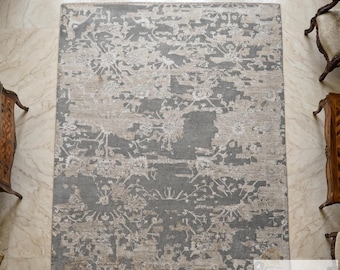 Alfombra abstracta gris, tamaño personalizado, hecha a mano, estilo boho ecléctico rústico para interiores.