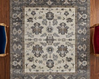 Alfombra Oushak hecha a mano de 8 x 10 pies, color gris apagado, tejida artesanalmente, estilo rústico.