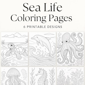 Sea Life Printable Coloring Pages – 6 Ocean Animal Designs for Adults | Digital Download by Print & Unwind