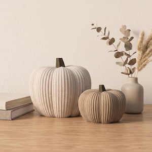 May include: Two ribbed pumpkins with a textured finish and dark stems. The larger pumpkin is off-white, while the smaller one is a light tan. They are arranged alongside two stacked books and a small vase containing dried eucalyptus and pampas grass.
