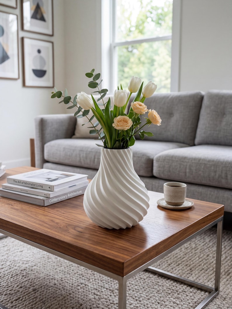 May include: A white, spiral-textured vase holding white tulips and peach roses. The vase sits on a dark wood coffee table with a metal frame. Books and a cup of coffee are also on the table.