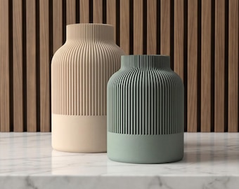 Japandi Vase Set of 2 – Neutral Ribbed Shelf Decor – Minimalist Coffee Table Accent