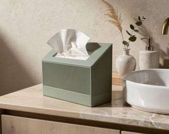 May include: A sage green rectangular tissue box cover with a slanted top and vertical ribbed texture on the sides. The box is constructed from a solid material and features a wide rectangular opening at the top, through which white tissues emerge.