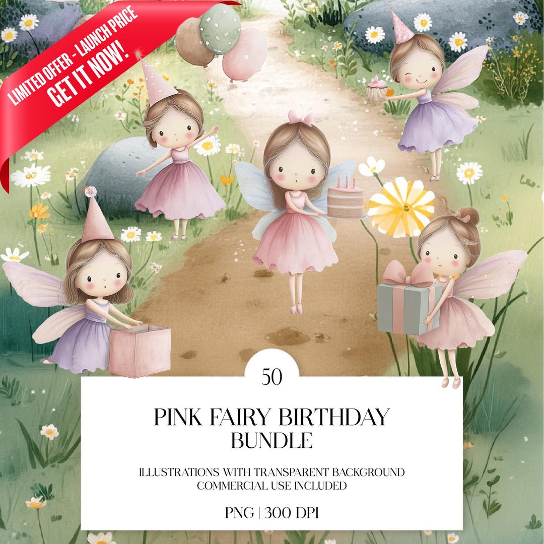 Pink Fairy Birthday Clipart | Princess Party Watercolor Bundle | Gold ...