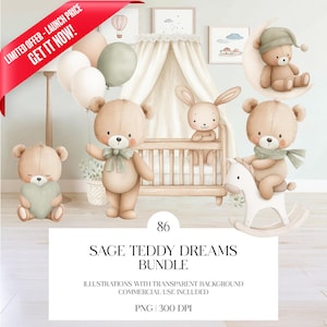 Peut inclure: Un ensemble d'illustrations numériques avec des ours en peluche adorables, un lapin et un berceau. Les ours sont dans diverses poses, certains tenant des ballons et un cœur. Le texte indique "SAGE TEDDY DREAMS BUNDLE" avec des détails sur les fonds transparents et l'utilisation commerciale.