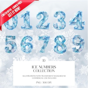Op de afbeelding: Een verzameling van tien ijsnummers, van nul tot en met negen, met een transparante achtergrond. Elk nummer is doorschijnend blauw met sneeuwvlokdetails. De afbeelding bevat de tekst "ICE NUMBERS COLLECTION".