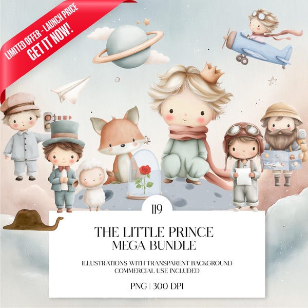 Der Kleine Prinz Clipart Bundle | Träumender Junge Fuchs, Rose und Planeten | Transparente Aquarell PNG Illustrationen | Kommerzielle Lizenz