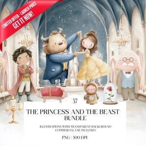 Puede incluir: Ilustración en acuarela de personajes de La Bella y la Bestia. Bella con un vestido amarillo baila con la Bestia. Otros personajes incluyen a Lumiere, Din Don y Gastón. El texto dice "The Princess and the Beast Bundle."