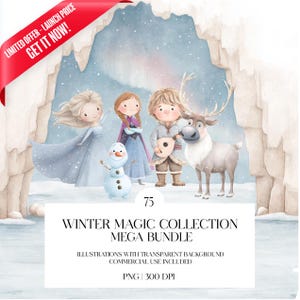 Può includere: Illustrazione ad acquerello di una scena invernale con personaggi dei cartoni animati. L'immagine presenta una principessa in abito blu, un pupazzo di neve, un ragazzo con un liuto, una ragazza in abito viola e una renna. Il testo recita "Winter Magic Collection Mega Bundle."