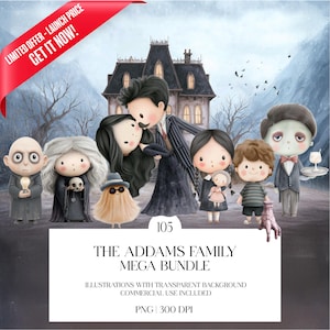 Könnte beinhalten: Digitale Illustration der Addams Family, einschließlich Gomez, Morticia, Wednesday, Pugsley und anderer Charaktere. Das Bild zeigt ein gruseliges Herrenhaus im Hintergrund und den Text "THE ADDAMS FAMILY MEGA BUNDLE".