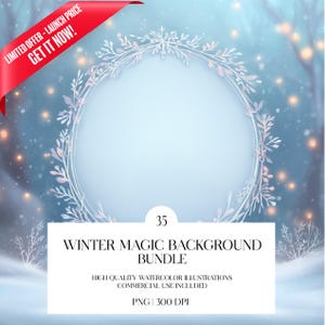 Op de afbeelding: Een digitale kunstafbeelding met een winterthema. Een witte bloemenkrans omlijst een lichtblauwe achtergrond. De afbeelding bevat de tekst "Winter Magic Background Bundle" en "High Quality Watercolor Illustrations". Een rode banner zegt "Limited Offer - Launch Price Get it Now!"
