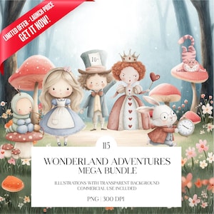 Peut inclure: Illustration fantaisiste avec des personnages d'Alice au pays des merveilles, dont Alice, le Chapelier fou et la Reine de cœur. L'image comprend également un lapin blanc et le Chat du Cheshire. Le texte indique "Wonderland Adventures Mega Bundle". Une bannière rouge dit "Offre limitée - Obtenez-le maintenant!"
