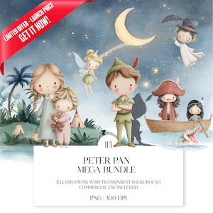 Puede incluir: Una ilustración digital con personajes de Peter Pan, incluyendo Peter Pan, Wendy, Campanilla, el Capitán Garfio y otros, ambientada en un cielo nocturno con una luna creciente. La imagen tiene un estilo caprichoso e incluye el texto "PETER PAN MEGA BUNDLE".