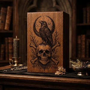 Peut inclure: Une boîte rectangulaire en bois présentant une gravure sombre et détaillée d'un corbeau perché sur un crâne humain avec des os croisés. Le motif inclut un croissant de lune et des éléments végétaux, centrés sur la face avant du coffret en bois.