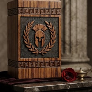 May include: A rectangular wooden urn featuring a dark wood grain finish with a carved Spartan helmet centered within a laurel wreath. The top and bottom borders display a Greek key pattern. A red rose and a small metal oil lamp sit nearby.