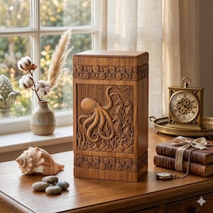 May include: A wooden box with a carved octopus and seahorses design. The box is rectangular with a lid and is made of light brown wood. The design is a relief carving. The box is on a wooden table with other decorative items.