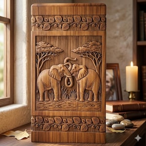 Hand carved wooden elephant cremation urn box for human ashes