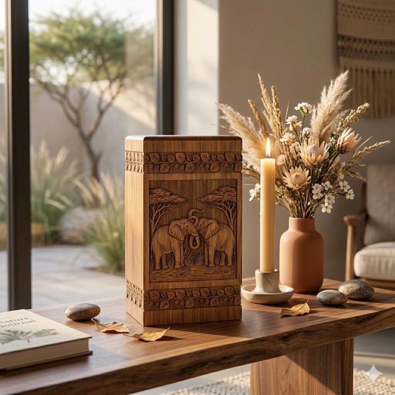 Handmade wooden cremation urn box with wildlife design