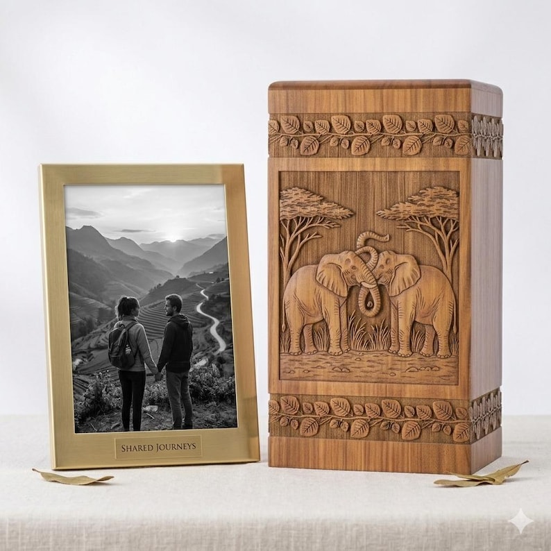 Decorative carved wood urn for home memorial display