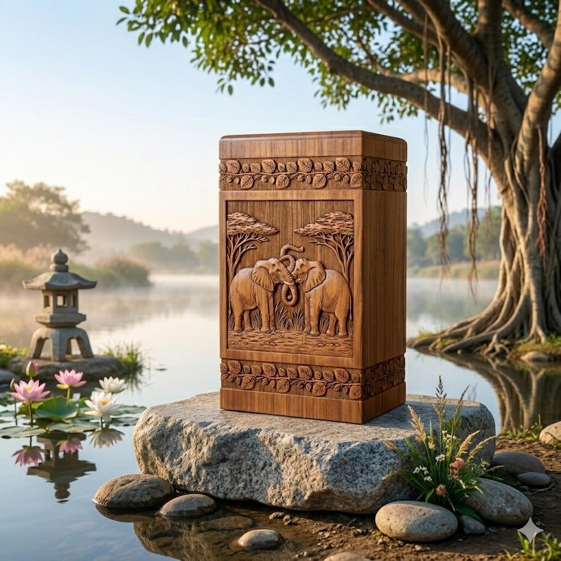Natural wood cremation urn with detailed elephant artwork