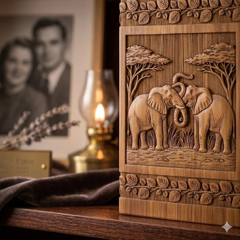 Hand carved wooden elephant cremation urn box for human ashes