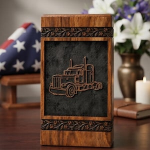 Rosewood Truck Cremation Urn, Semi Truck Memorial Box, Personalized Keepsake