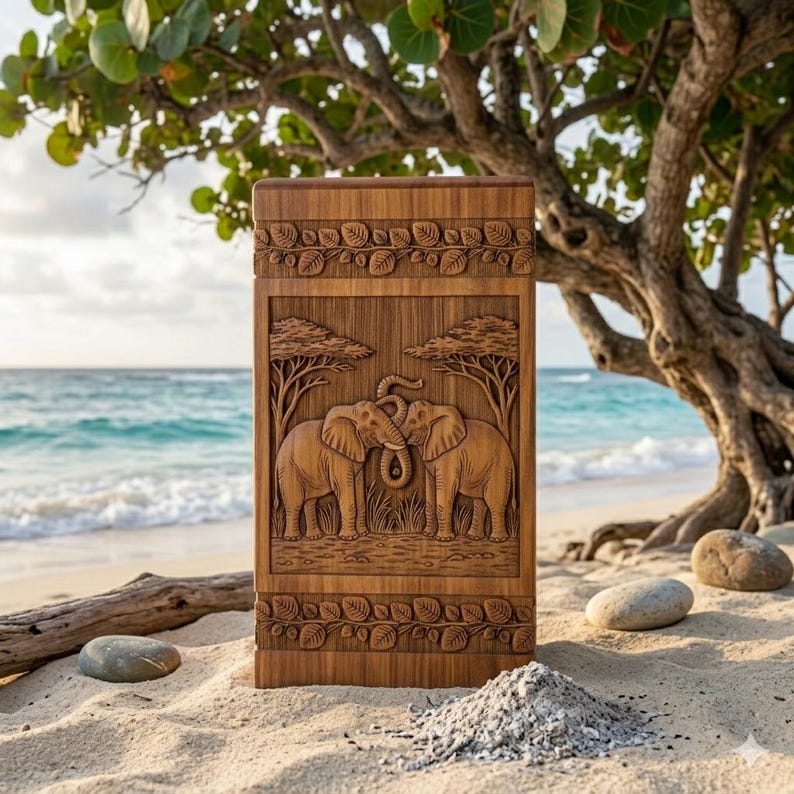 Wooden memorial box urn with carved elephants and trees