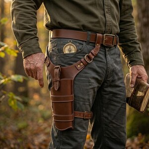May include: A brown leather thigh holster with a matching belt and a compass in the pocket. The holster has multiple compartments and is secured with buckles. The belt is brown with a large rectangular buckle.