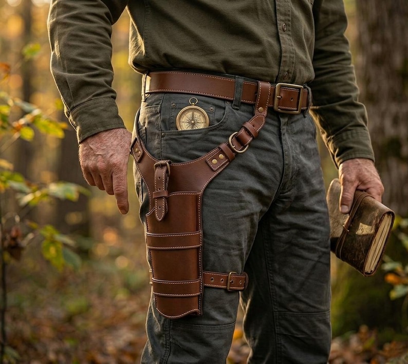 May include: A brown leather thigh holster with a matching belt and a compass in the pocket. The holster has multiple compartments and is secured with buckles. The belt is brown with a large rectangular buckle.