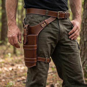 May include: Brown leather thigh holster with a matching belt. The holster features a vertical pouch with a buckle closure and is secured to the leg with an adjustable strap. The belt and holster are stitched with white thread.