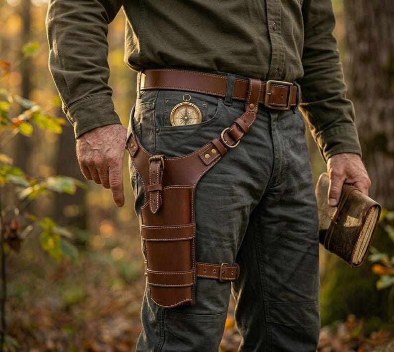 May include: A brown leather thigh holster with a matching belt and a compass in the pocket. The holster has multiple compartments and is secured with buckles. The belt is brown with a large rectangular buckle.
