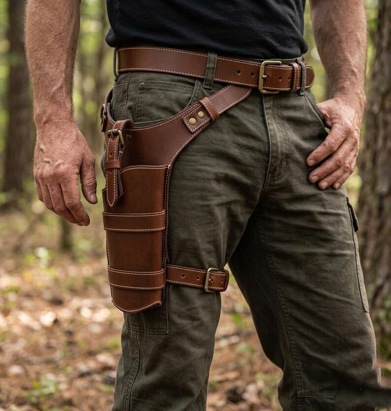 May include: Brown leather thigh holster with a matching belt. The holster features multiple compartments and is secured with buckles and straps. White stitching accents the edges of the holster and belt, creating a rugged, outdoorsy aesthetic.