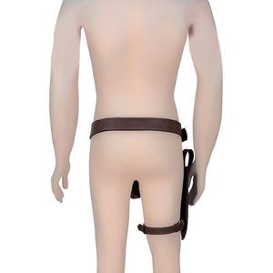 May include: A brown leather utility belt with a holster and leg straps. The belt is worn around the waist, and the holster is attached to the right side. The leg straps secure the holster and add support.