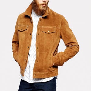Handmade Brown Stylish Suede Leather Trucker Jacket for Men Premium and Durable Quality * Trucker Suede Jacket, 100% Genuine Leather Jacket