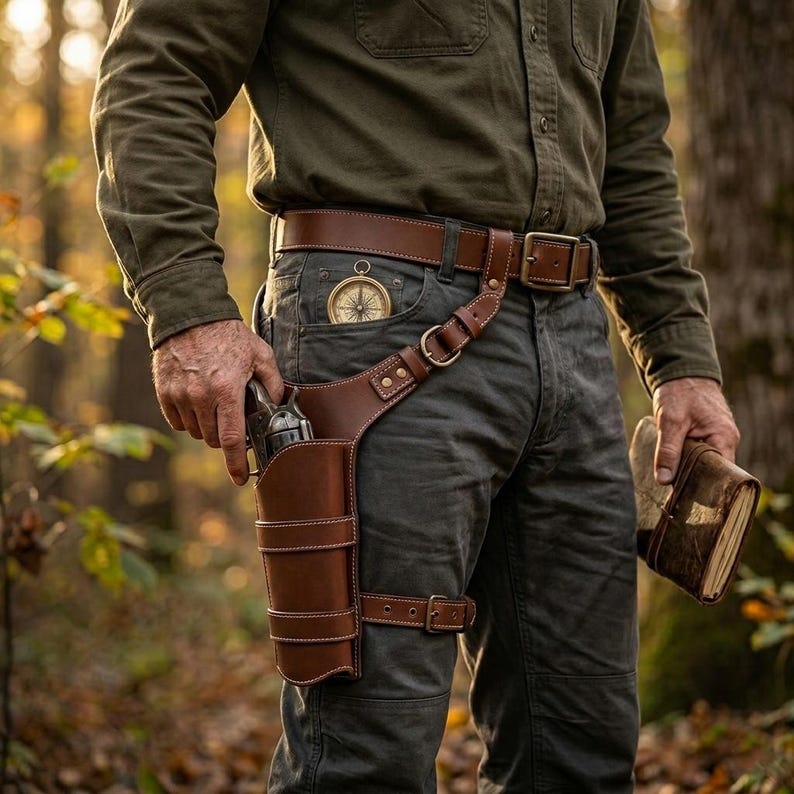 May include: A brown leather holster with a gun, attached to a belt and leg strap. A compass is in the pocket. The person is wearing a green shirt and gray pants. A book is held in the right hand.