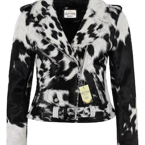 Damen-Rindleder Hair-On Jacke - Western Kuh-Print Pony-Haut-Mantel - Echtleder Oberbekleidung - Handmade Country Rodeo Geschenk